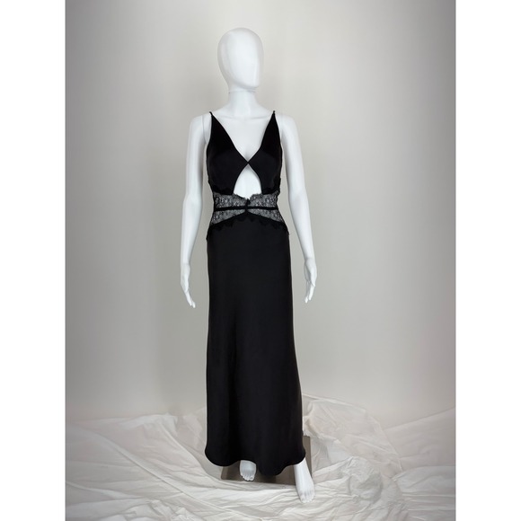 BEC BRIDGE Black Lace Trim Cutout Slip Maxi Dress Spaghetti Straps Formal Evenin - Picture 3 of 10